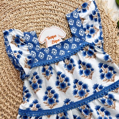  Vestido Floral com Plantas Douradas - Azul